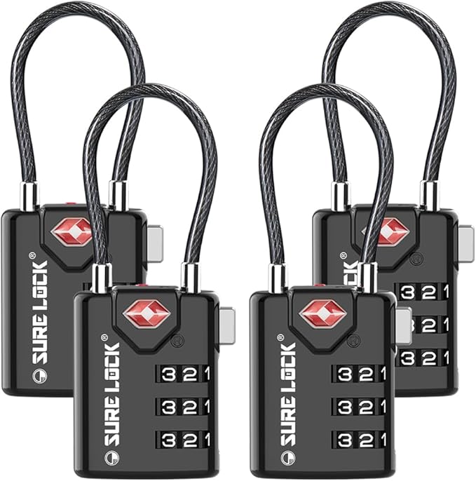SURE LOCK TSA Approved Luggage Locks with Open Alert Indicator, 3 Digit Combination Cable Travel Lock for Suitcase, Backpack, Gym Locker, Toolbox & Travel Bag Black 4 Pack