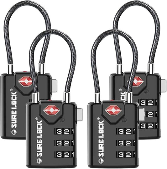 SURE LOCK TSA Approved Luggage Locks with Open Alert Indicator, 3 Digit Combination Cable Travel Lock for Suitcase, Backpack, Gym Locker, Toolbox & Travel Bag Black 4 Pack
