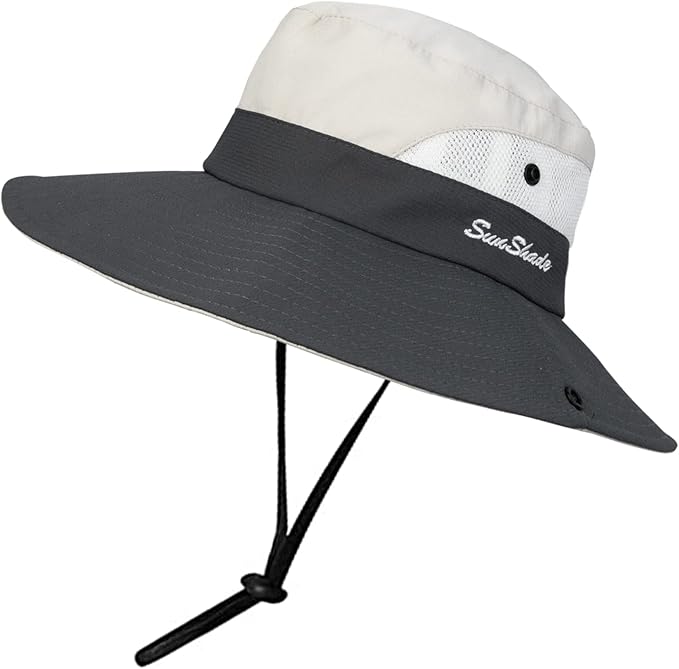 Women's Summer Sun-Hat Ponytail - Outdoor UV-Protection Mesh Wide Brim Foldable Hat with Ponytail Hole