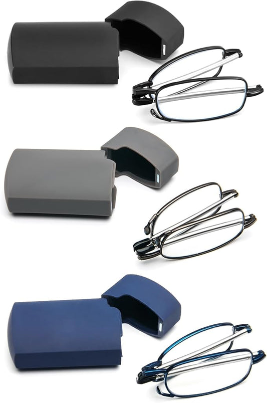 2 Pack Folding Reading Glasses Stainless Steel Mini Anti-Blue Light Blocking Reader for Men Women