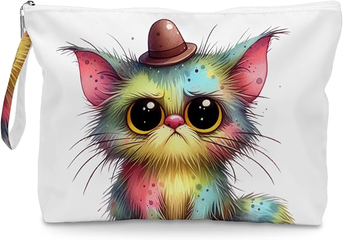 Fokongna Cute Print Wet Bag, Small Portable Waterproof Multi-Functional Organizer for Women, Rainbow Watercolor Fluffy Cat, Ideal for Daily, Beach & Travel