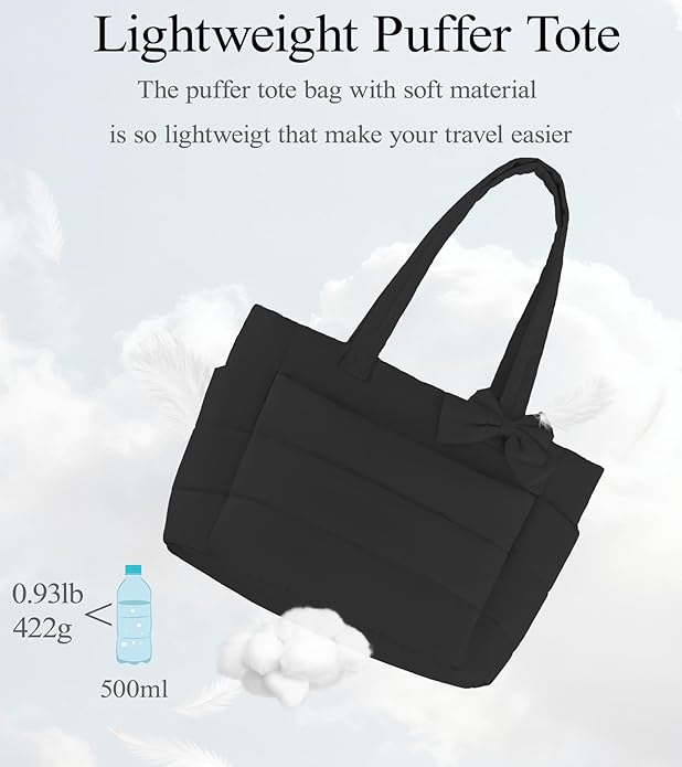 Puffer Tote Bag for Women, Quilted Bow Tote Bag with Cup Holder & 15.6 In Laptop Compartment for Work, Travel, Gym, College