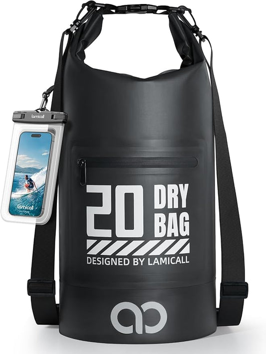 Lamicall Waterproof Dry Bag with Phone Pouch, Floating Roll Top Backpack, 20L, Black