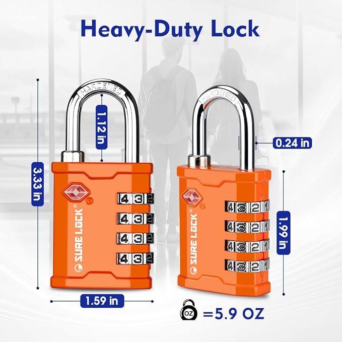 SURE LOCK TSA Approved 4 Digit Combination Lock, Heavy Duty Padlock with Red Dot Indicator for Gun Cases, Pelican Cases, Tool Boxes, Gym Lockers, Storage Units & Outdoor Gates (2, Orange)