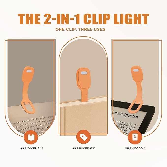 Rechargeable Kids Book Light, Cute Bookmark Reading Light for Kids, Dimmable Portable LED Book Light for Reading in Bed, Eye-Caring Bedtime Reading Lamp for Children & Travel, Orange