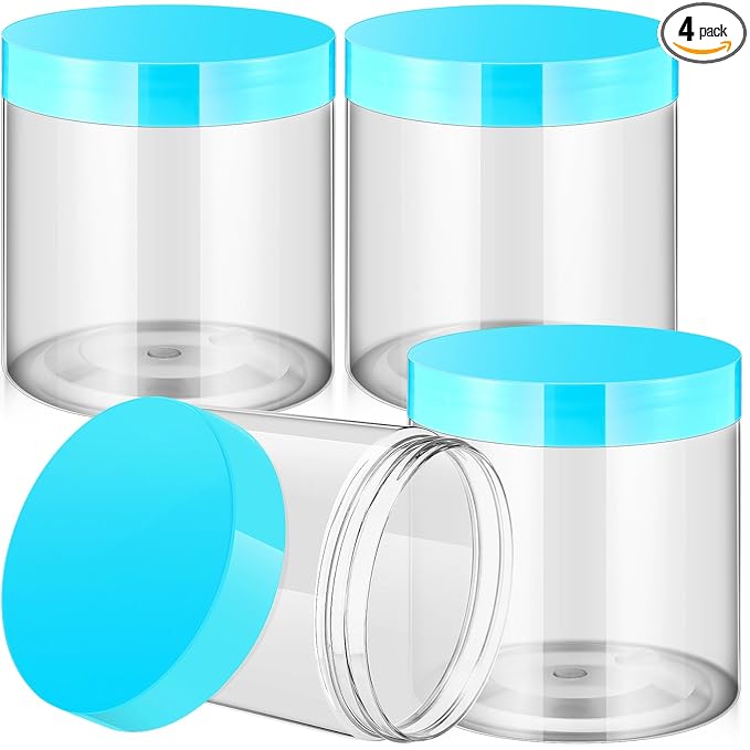 Patelai 4 Pieces Round Wide-mouth Leak Proof Plastic Container Jars with Lids for Travel Storage Makeup Beauty Products Face Creams Oils Salves Ointments DIY Making(16 Ounce,Blue)