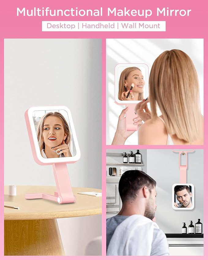 EAONE Magnifying Mirror with LED Light, Double Sided Travel Makeup Mirror 10X/1X with Storage Bag, 3 Color Lighting & Dimmable Touch Screen for Trip, Desk, Bathroom (10.3 x 5.2IN)- Pink