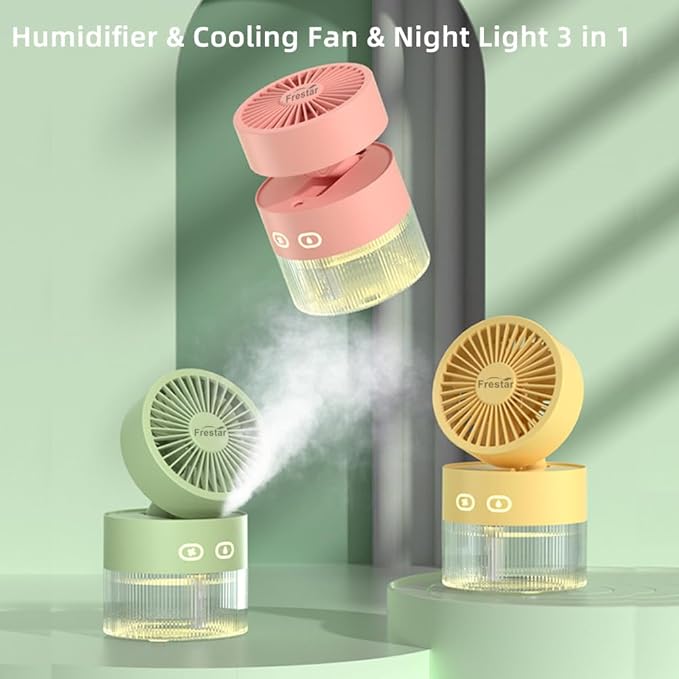 Personal Cooling Fan and Small Air Humidifier 350ml with LED Night Light, Desktop USB Charging 3 in 1 for Office and Small Room, 3 Speed, Auto Shut Off, No Battery (Pink)