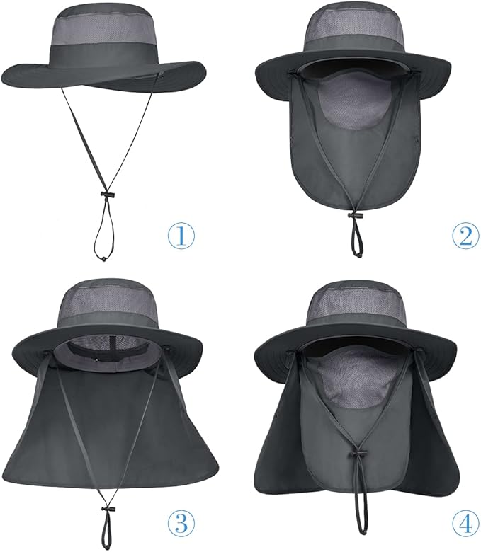 3 Pack Mens Outdoor Wide Brim Fishing Hat,UPF 50+ Sun Protection Cap with Face Neck Flap for Hiking & Garden