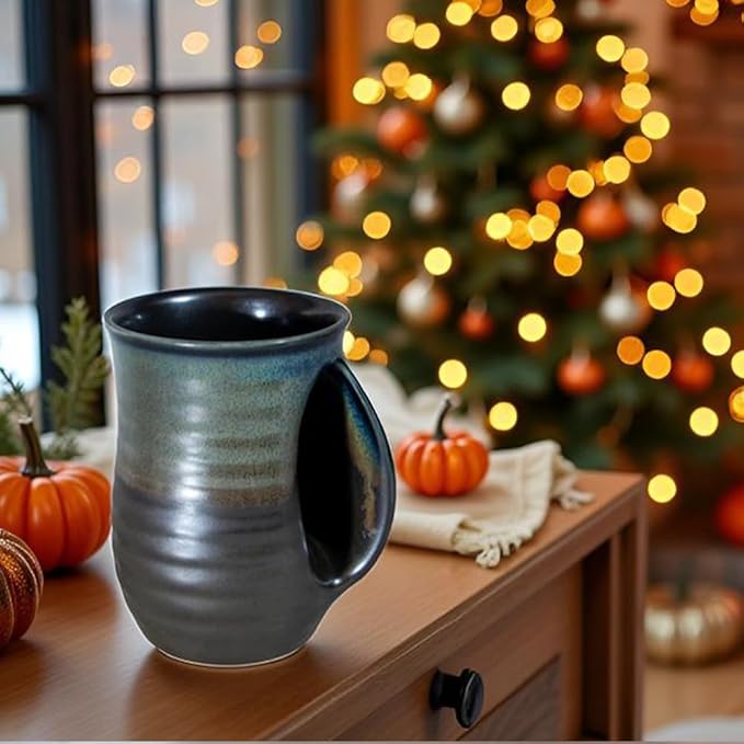 Hand Warmer Mug,16 Ounce Large Hand Warming Mugs Ceramic Gift for Coffee Tea Handmade Pottery Christmas Ceramic with Pocket handl (Right Handed,Brown)