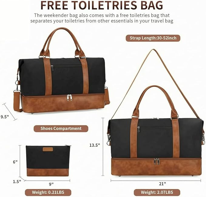 Oeihuivt Weekender Bags for Women - 21 Inch Large Travel Duffel Bag 2-Piece Set with Shoe Compartment, Heavy-Duty Canvas Leather Carry On Overnight Tote