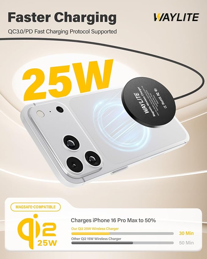 25W Wireless Charger for MagSafe, Qi2.2 Magnetic Fast Charging Pad for iPhone 17/16/15/14/13/12 Series & AirPods, Strong Magnet, Portable Wireless Charger for Travel Home Office (Black, 10FT)