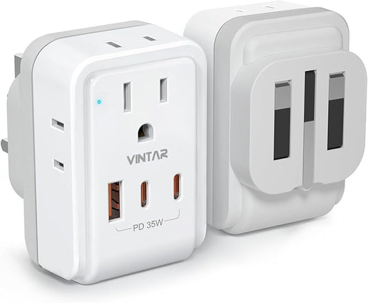 1 Pack UK Adapters for Travel, VINTAR PD 35W Foldable US to UK Plug Adapter with 4 AC Outlets & 3 USB Ports (2 USB-C), Type G Power Adaptor for Ireland England Scotland London Dubai Singapore