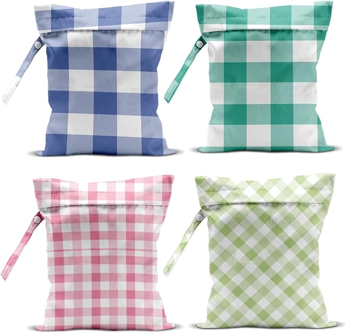 Wet Bag, 4Pcs Wet Dry Bag Set, Reusable Waterproof Bags with Checkered Plaid for Women, Ideal for Beach, Pool, Travel & Daily Essentials Storage