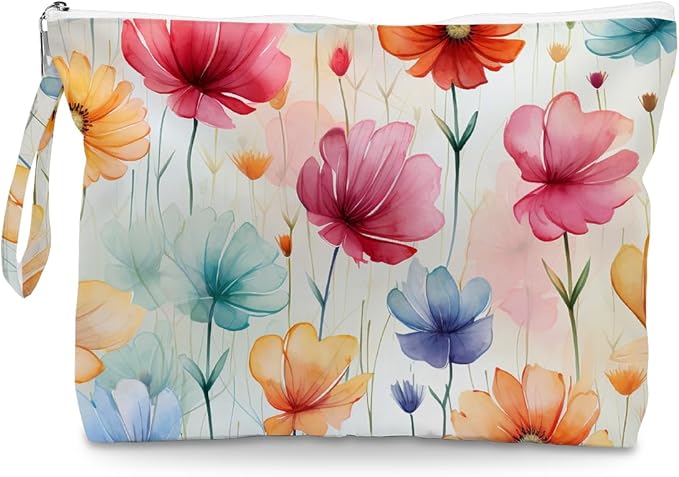 Fokongna Floral Print Wet Bag, Small Portable Waterproof Multi-Functional Organizer for Women, Pastel Watercolor Floral,Ideal for Daily, Beach & Travel,