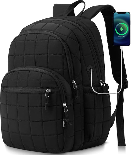 kadilong Laptop Backpack for Women College Travel,Quilted Daypack Bookbag for School Teen Girls Mochilas Mujer,Black