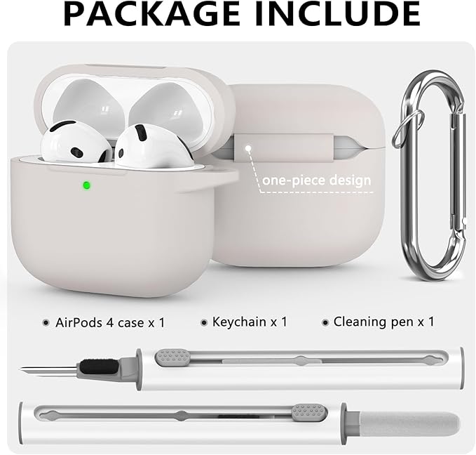 Ljusmicker for AirPods 4 Case 2024 with Cleaner Kit,Soft Silicone Protective Cover for Apple AirPods 4th Generation Cases for Women Men,for AirPod 4 Case Accessories with Keychain-Stone