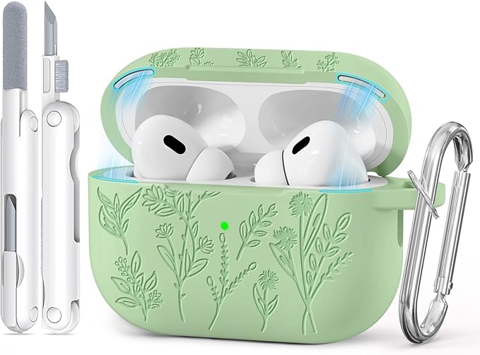 for AirPods Pro 2 Case with Magnetic Lid, Ekoonpft Flower Engraved Silicone Case for Apple AirPods Pro 2nd/1st Generation (2023/2022/2019) Cover with Cleaning Kit & Keychain
