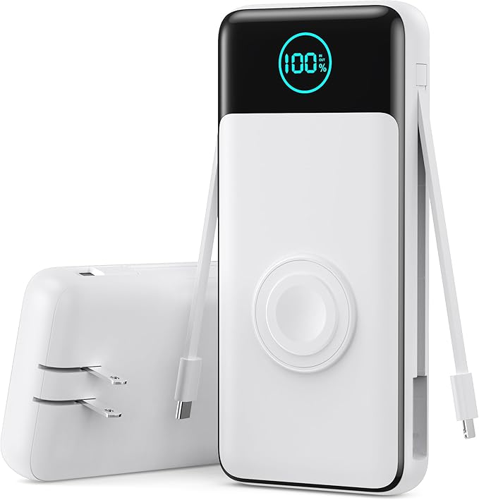 Portable Charger for iPhone with Built-in Cables and AC Wall Plug,26800mah Fast Charging USB C Power Bank,25W PD Travel Essential Battery Pack for iPhone 17/16/15/14/13,Galaxy,Apple Watch (White)