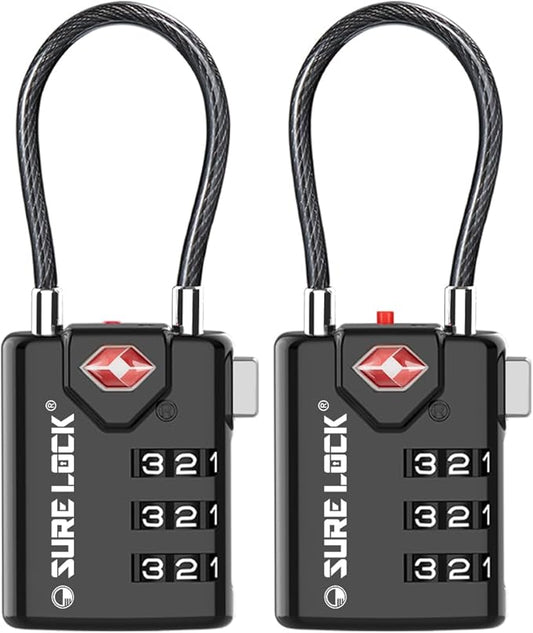 SURE LOCK TSA Approved Luggage Locks with Open Alert Indicator, 3 Digit Combination Cable Travel Lock for Suitcase, Backpack, Gym Locker, Toolbox & Travel Bag, 2 Pack Black