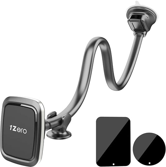 1Zero Magnetic Phone Car Mount 14-Inch Gooseneck Long Arm Extension, Universal Windshield Dashboard Industrial-Strength Suction Cup Car Phone Holder for All Cell Phones (Magnetic Phone Mount)