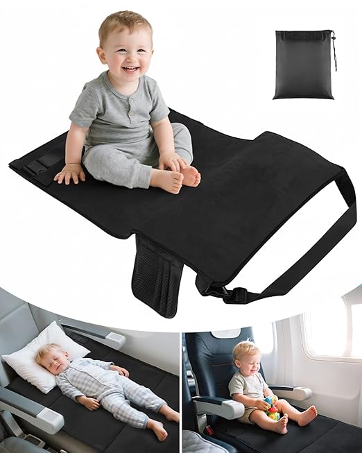 Toddler Airplane Bed, Portable Airplane Seat Extender Travel Bed for Kids, Soft Baby Plane Travel Essentials for Flying, Toddlers Long Flight Must Have Footrest Black