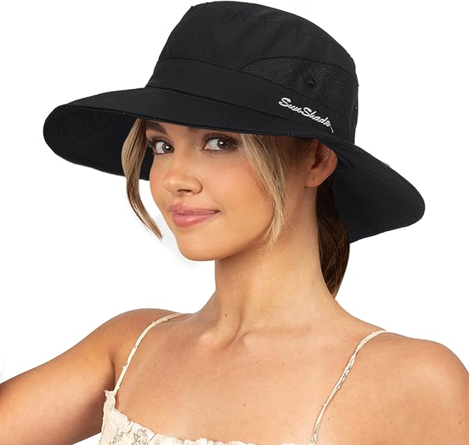 Sun Hat for Women Summer UV Protection Beach Hat Wide Brim Mesh Bucket Fishing Hat with Ponytail Hole Foldable Packable Hat