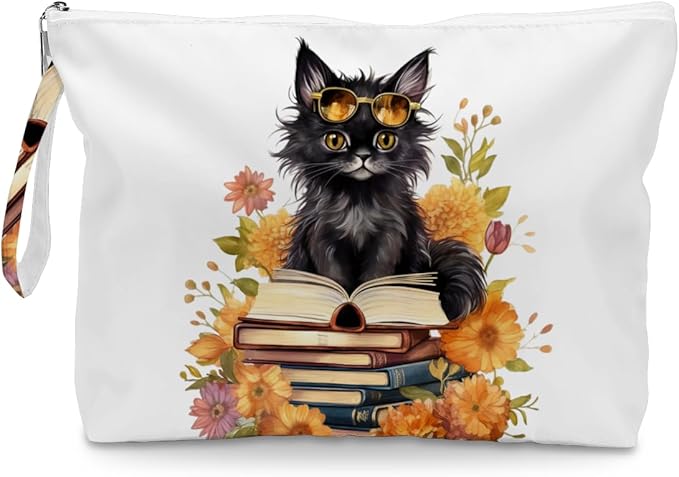 Fokongna Black Cat Print Wet Bag, Small Portable Waterproof Multi-Functional Organizer for Women，Yellow Bookish Black Cat，Ideal for Daily, Beach & Travel