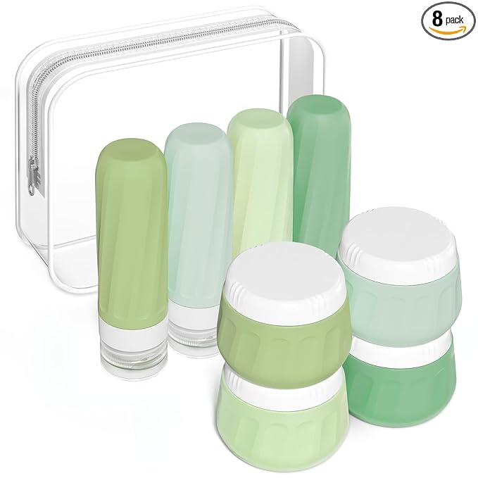 Mrsdry Travel Size Toiletries 8 Pack, TSA Approved 3oz Silicone Squeeze Bottles & Cream Jars with Clear Travel Bag