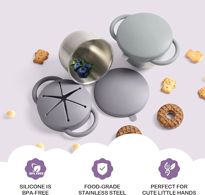 Daximo 2 Pack Snack Cups for Toddlers Spill Proof - Detachable Stainless Steel Toddler Snack Cups with Silicone Lids & Handles - Dishwasher Safe Snack Container(Matte Gray and Matte Green)
