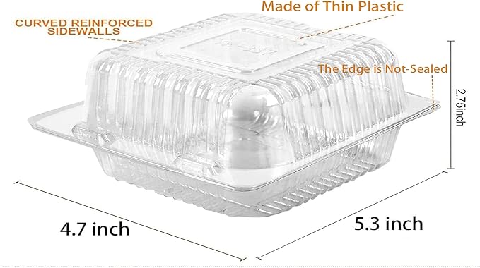 Axe Sickle 50 Count Clear Plastic Hinged Take Out Containers Clamshell Takeout Tray Food Clamshell Containers Outside Diameter for Dessert, Snacksetc, Cakes Slice, Cookies, Salads