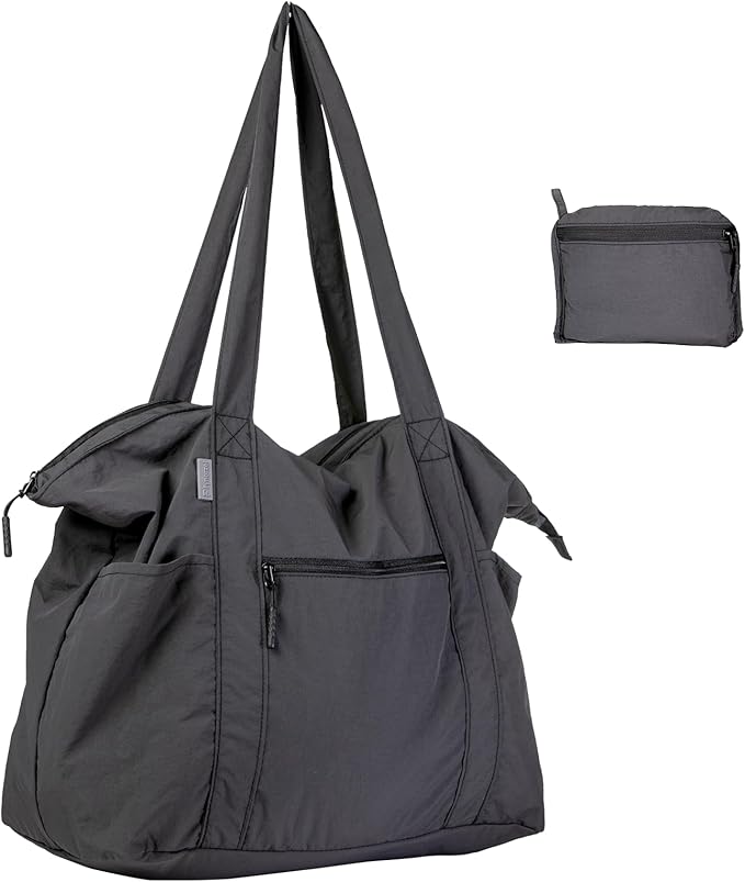 Ultra Light Packable Tote Bag Nylon for Travel, Lightweight Polyester Foldable Duffel Totes with Zipper, 25L Collapsible Compact Dark Grey