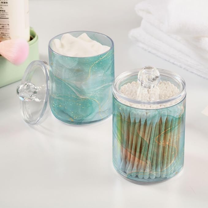 2 Pack Qtip Holder Dispenser Turquoise Marble Bathroom Storage Canister Lid 10 oz Acrylic Plastic Apothecary Jar Set Vanity Makeup Organizer for Cotton Swab/Ball/Round Pads, Floss