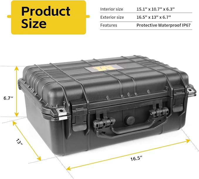 MaxWorks 51017 Protective Waterproof IP67 Hard Case for Camera All-Purpose Valuables Foam Interior Secure 15.1 x 10.7 x 6.3 inch Black Interior 16.5 x 13 x 6.7 inch Exterior