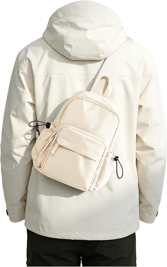 SEAFEW Small Beige Sling Backpack Travel Hiking Daypack, Crossbody Sling Bag with USB Charging Port for Men Women 3 Layer Pockets One Shoulder Bag for Outdoor Sports Casual Commuting