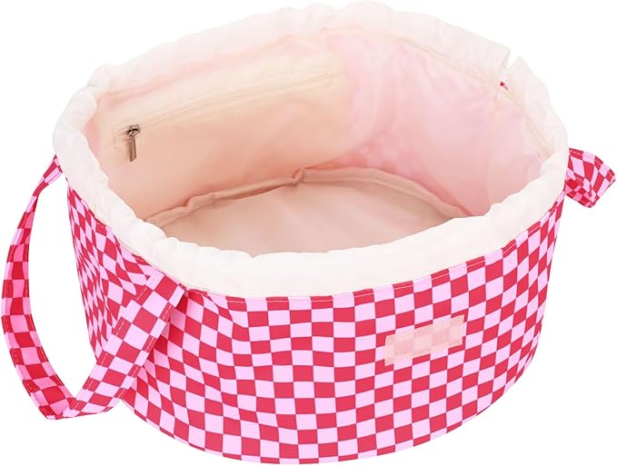 Mrsfox Large Barrel Drawstring Makeup Bag Travel Cosmetic Bag for Women - Portable Make Up Organizer Bag for Skin Care & Toiletries with Brush Holder & Pouch