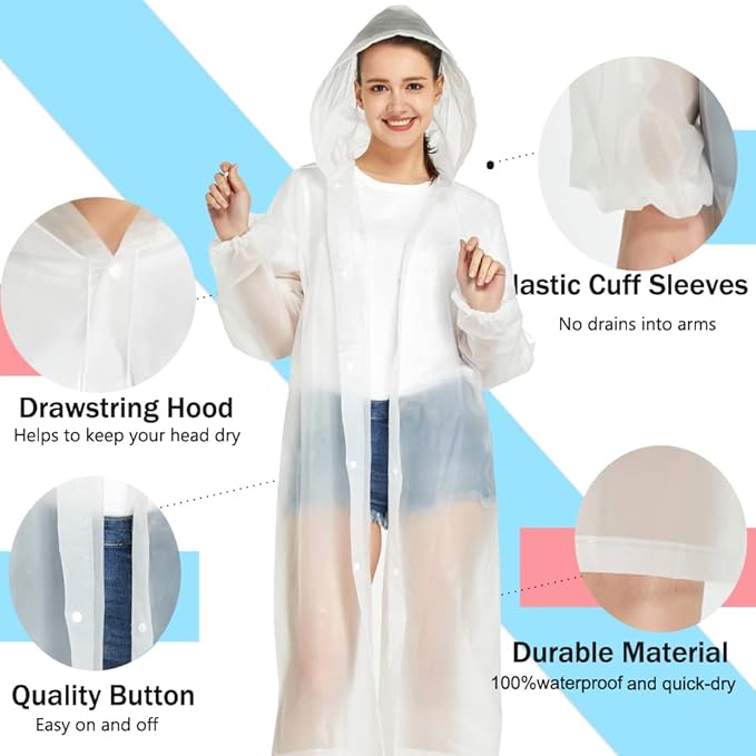 YDYJKI 2 Pack Waterproof Rain Ponchos for Adults-Reusable Emergency Raincoats with Hoodand Drawstring -Lightweight Ponchos