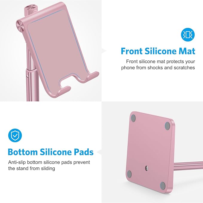 OMOTON Cell Phone Stand, Adjustable Angle Height Desk Phone Dock Holder for iPhone Air/17 Pro Max / 11 Pro/XS Max/XR, Samsung Galaxy S20 / S10 / S9 / S8 and Other Phones (3.5-7.0-Inch), Rose Gold