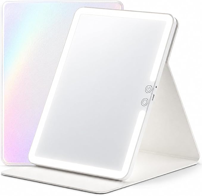 Travel Makeup Mirror with Lights, Lighted Vanity Mirror, 11.9", Iridescent Pearl White Leather