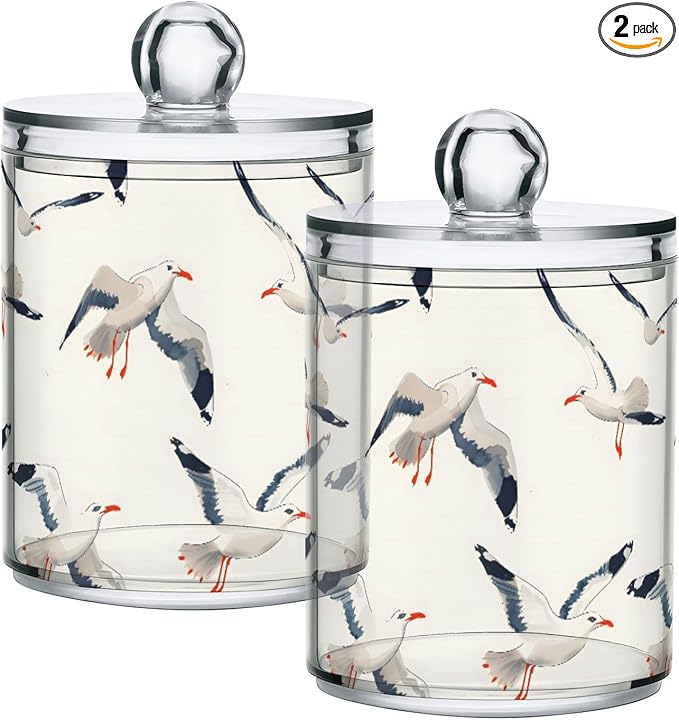 2 Pack Qtip Holder Organizer Dispenser Seagull Pattern Bathroom Storage Canister Cotton Ball Holder Container for Cotton Pads/Swabs/Floss