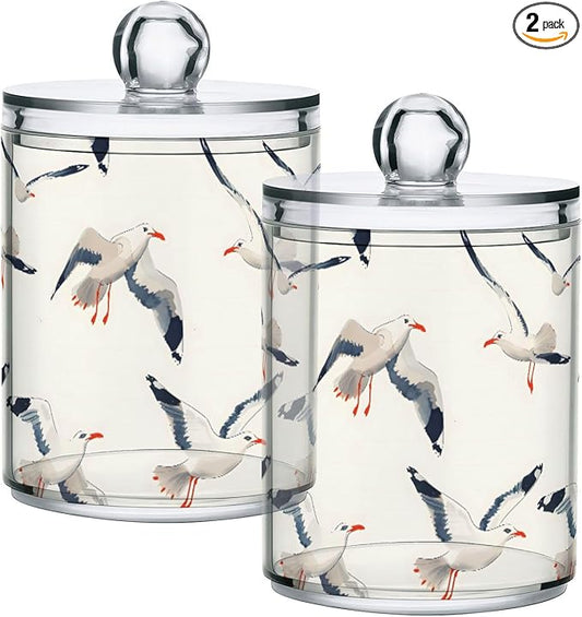 2 Pack Qtip Holder Organizer Dispenser Seagull Pattern Bathroom Storage Canister Cotton Ball Holder Container for Cotton Pads/Swabs/Floss