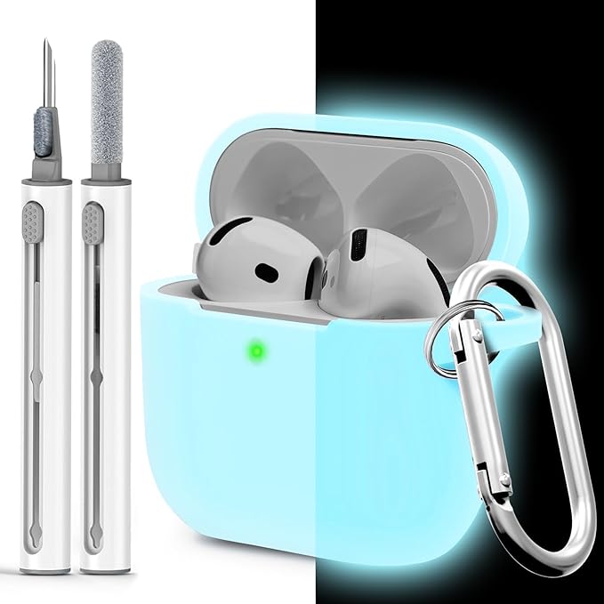 for Airpods 4th Case Cover, Come with Cleaner Kit,Soft Skin Silicone Case Cover with Keychain, Front LED Visibl, Full Protective Case，Compatible with AirPods 4th(Nightglow Blue)