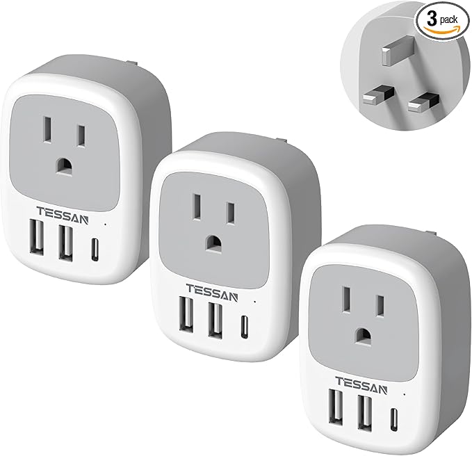 UK Adapters for Travel 3 Pack, TESSAN US to UK Plug Adapter with 3 USB Ports (1 USB C), Type G Power Adaptor for USA to Ireland Scotland Dubai Hong Kong England British Kenya London