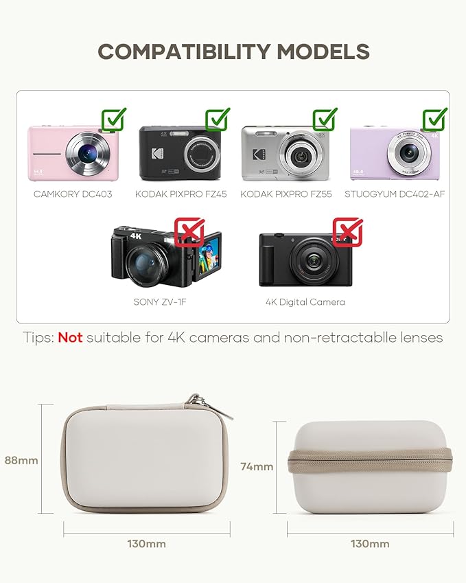 Digital Camera Case Fit for KODAK PIXPRO FZ45/FZ55/ CAMKORY/STUOGYUM DC402-AF/Canon IXUS, Storage Travel Carry Case with 3 SD Card Slots for Kodak Camera, Batteries, SD Card, Beige
