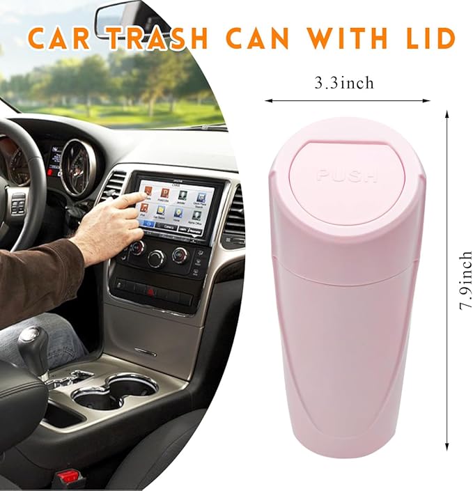 Car Trash Can with Lid, Portable Leakproof Auto Cup Holder Door Garbage Container, Multipurpose Waterproof Mini Cup Holder Trash Can Interior Organizer for Car Home Office (Pink)