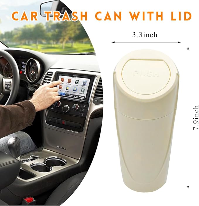 Car Trash Can with Lid, Portable Leakproof Auto Cup Holder Door Garbage Container, Multipurpose Waterproof Mini Cup Holder Trash Can Interior Organizer for Car Home Office (Beige)