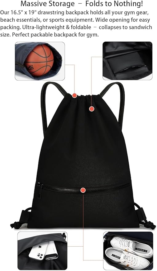 Water-Resistant String Bag for Women Men with Shoes Compartment and Zippered Pocket for Soccer, Basketball, Swim (Black, 16.5 * 19 inches)
