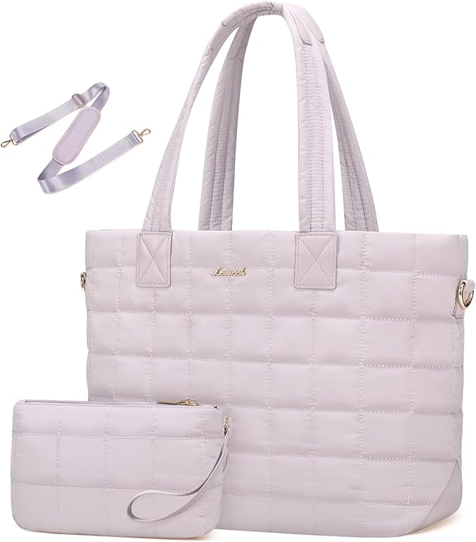 LOVEVOOK Laptop Tote Bag for Women, 15.6 Inch Large Puffer Work Computer Tote Bags for Teacher Nurse, Quilted Women's Purse Tote Shoulder Handbags with Zipper for Travel College Office, Light Purple