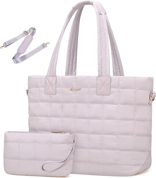 LOVEVOOK Laptop Tote Bag for Women, 15.6 Inch Large Puffer Work Computer Tote Bags for Teacher Nurse, Quilted Women's Purse Tote Shoulder Handbags with Zipper for Travel College Office, Light Purple