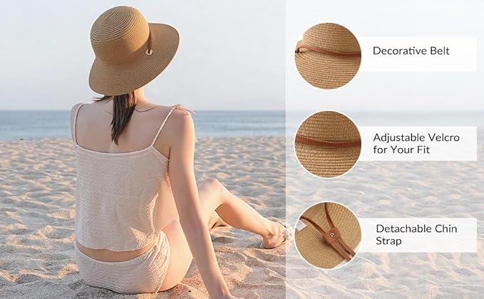 Beach Hat for Women, Wide Brim Sun Straw Hats for Women, Sun Hat Womens UPF 50+ UV Protection, Floppy Foldable Summer Hats